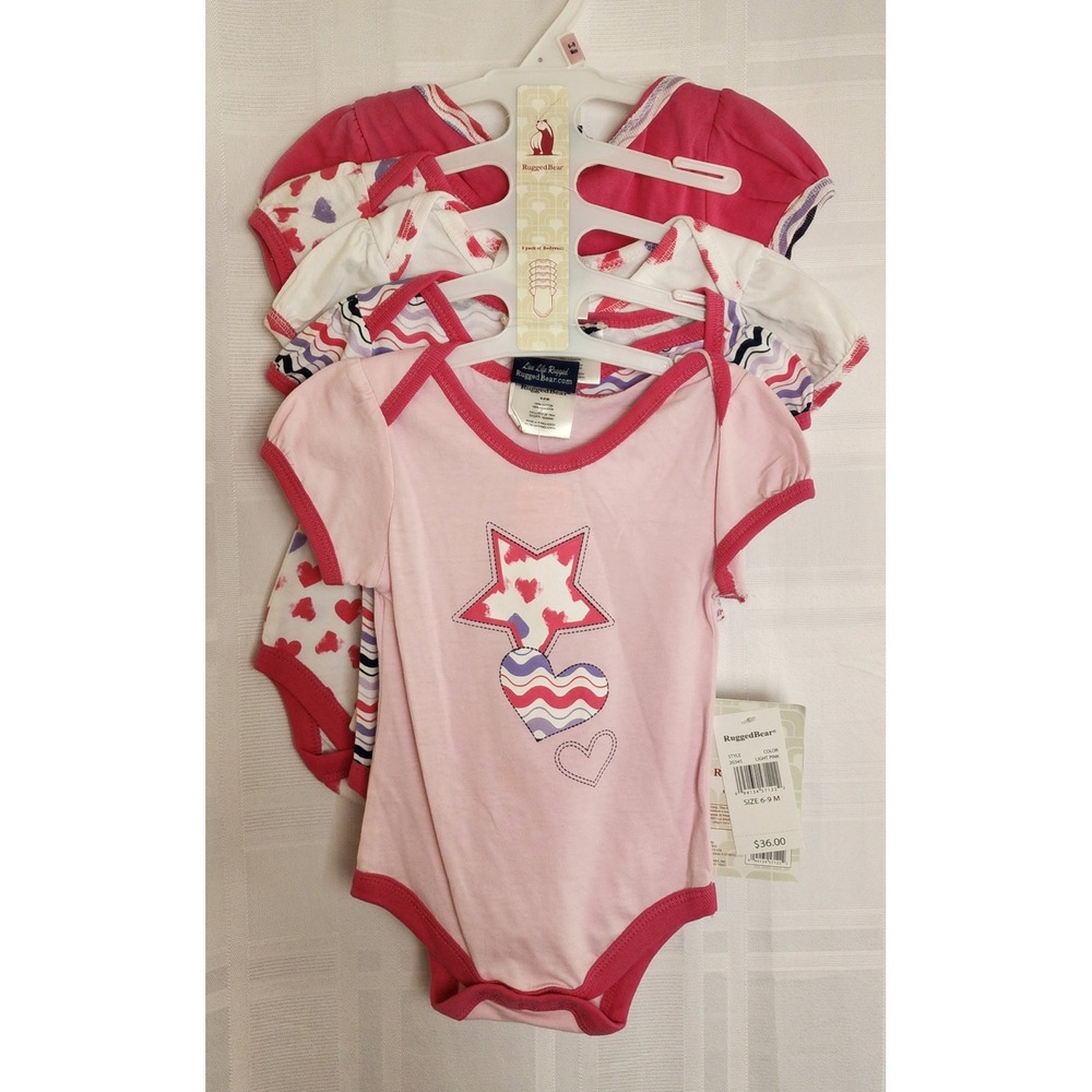 Rugged Bear‎ Bodysuit Set Of 5 Hearts Stars Pink White 6-9 Months